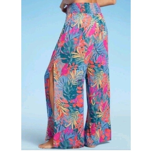 Kona Sol Pants Large Colorful Crepe High Slits Tropical Hawaiian Flowy Pleated - Picture 2 of 10